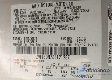 2006 Ford Mustang V6 z USA, uszkodzony, nr VIN 1ZVFT80N765121287